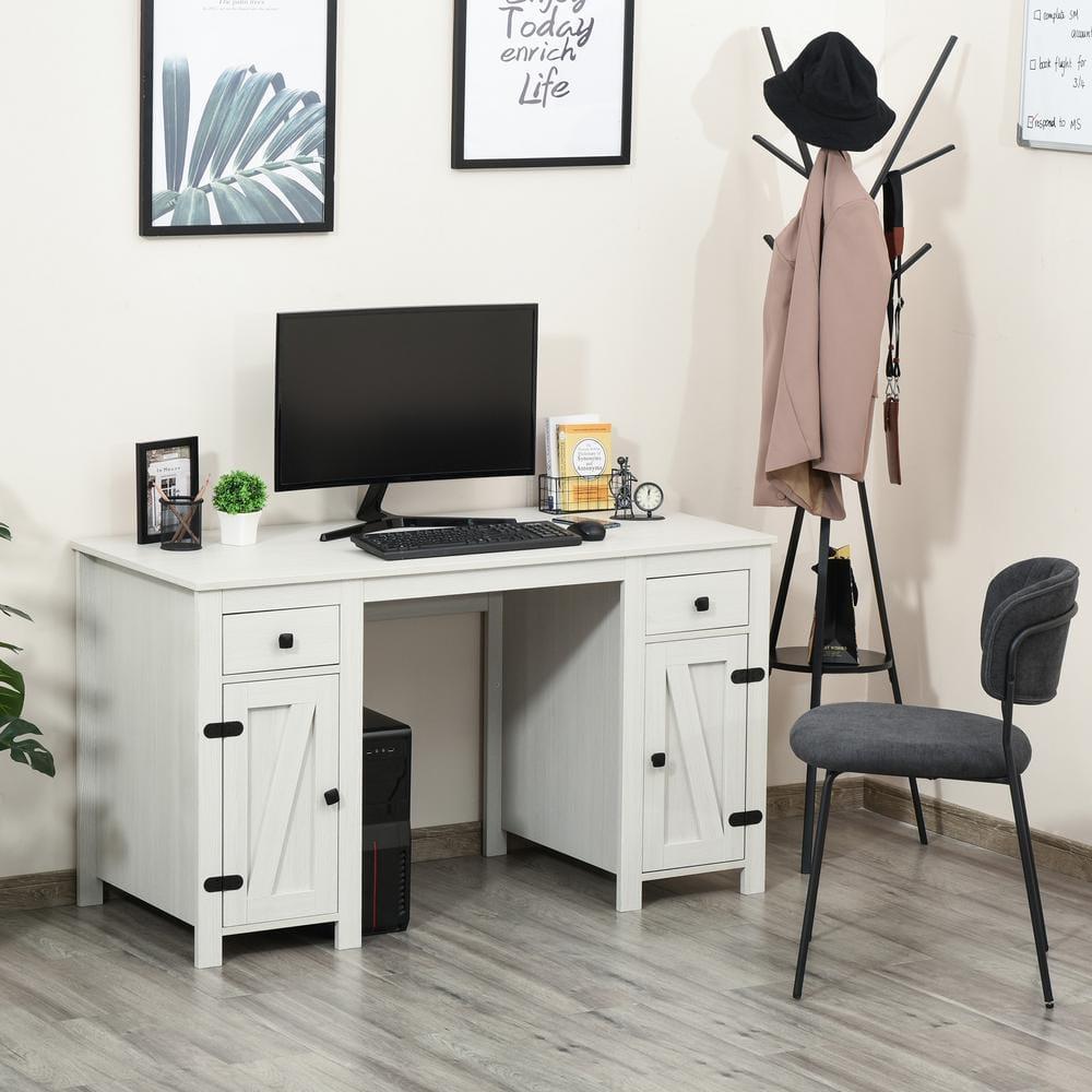 HOMCOM Farm Style Home Office Computer Desk with 2 Drawers, 2 Cabinets with Metal Accent Hardware, Cream White