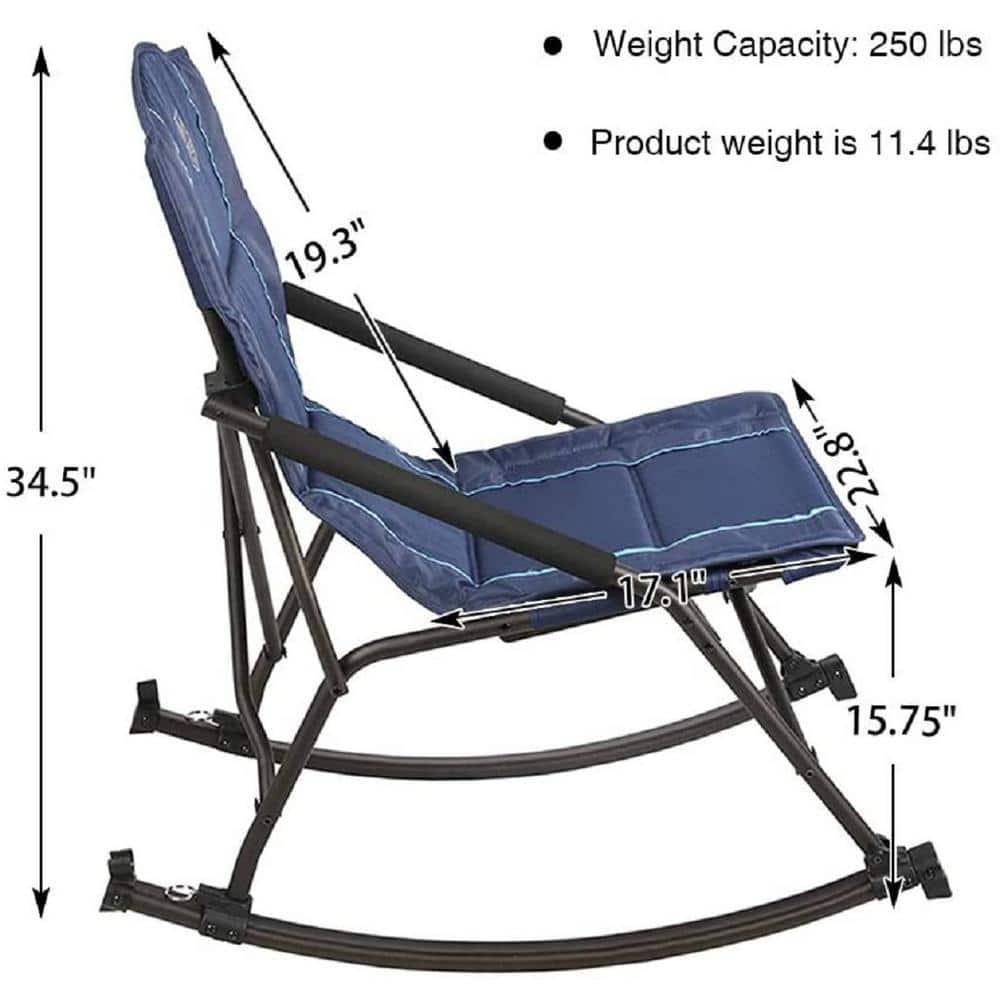 Folding Rocking Camping Chair with Hard Armrests, Portable Outdoor Rocker for Patio, Garden, Lawn, Supports up to 250 lbs, Blue
