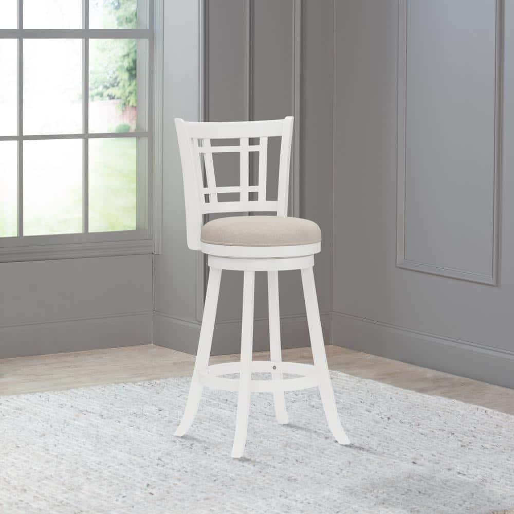 Elegant White Swivel Bar Stool with Beige Fabric Seat and Wood Accents