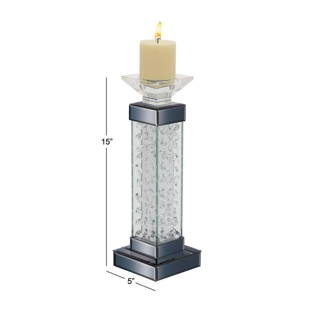 DecMode Silver Glass Pillar Candle Holder with Floating Crystals