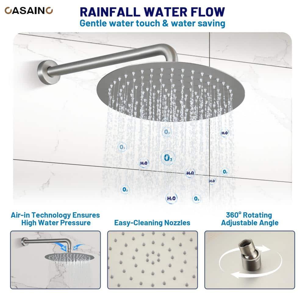 CASAINC 3-Function 12 Inch Temperature Digital Display Shower System With 2-Setting Slider Bar Handheld And 4Pcs Body Jets BR01009SX12BN
