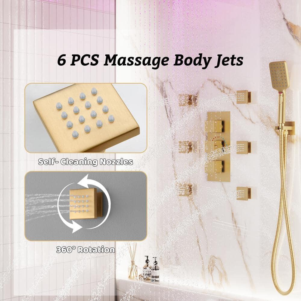 12" Flush Mounted Luxury Thermostatic Rainfall Shower System with LED and 6 Body Jets