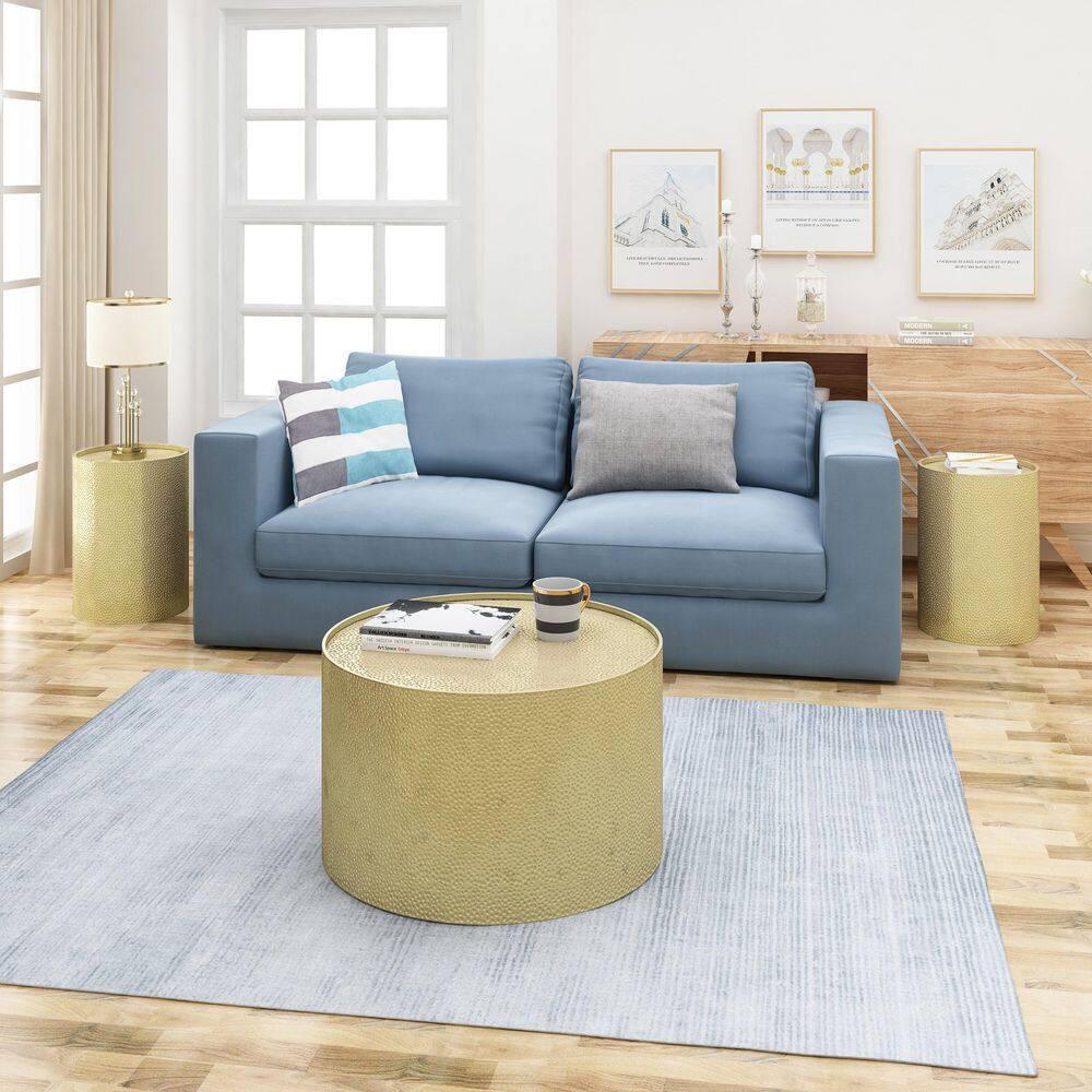 Noble House Alvaro Modern 3 Piece Iron Round Accent and Coffee Table Set, Gold