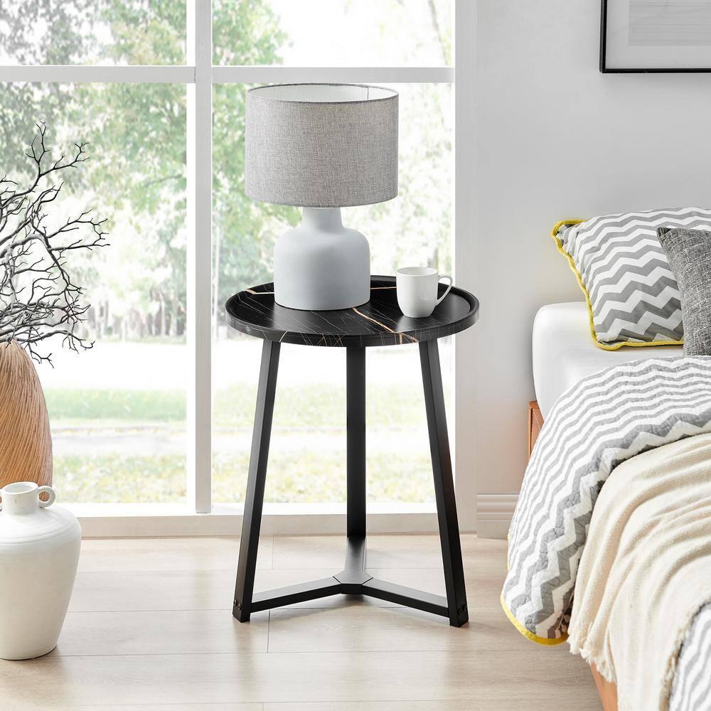 Danya B. 23.3"x19.7" Harper Round Mid-Century Side Accent Table with Modern Pedestal Legs Black Marble/Black: Chic Furniture for Living Room