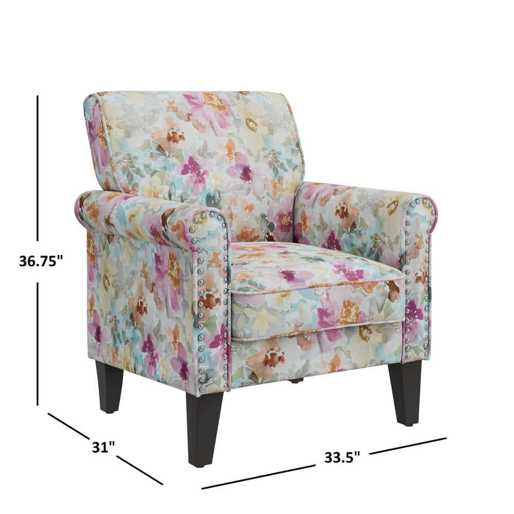 Handy Living Janet Traditional Rolled Arm Accent Chair with Pewter Nailheads Floral Pattern Pink