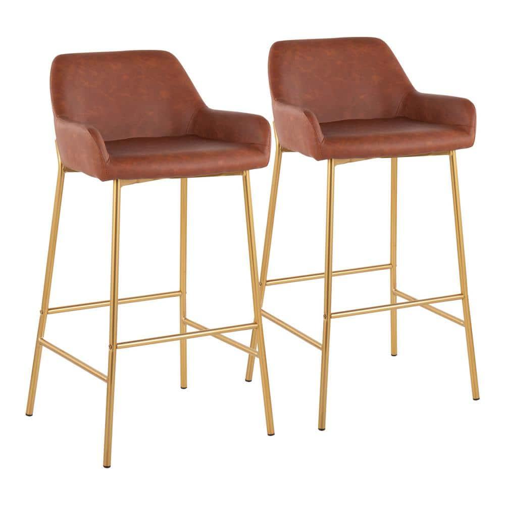 Set of 2 Daniella Metal Faux Leather Barstools Gold/Camel: Sleek Upholstered, 30" Fixed Height - LumiSource