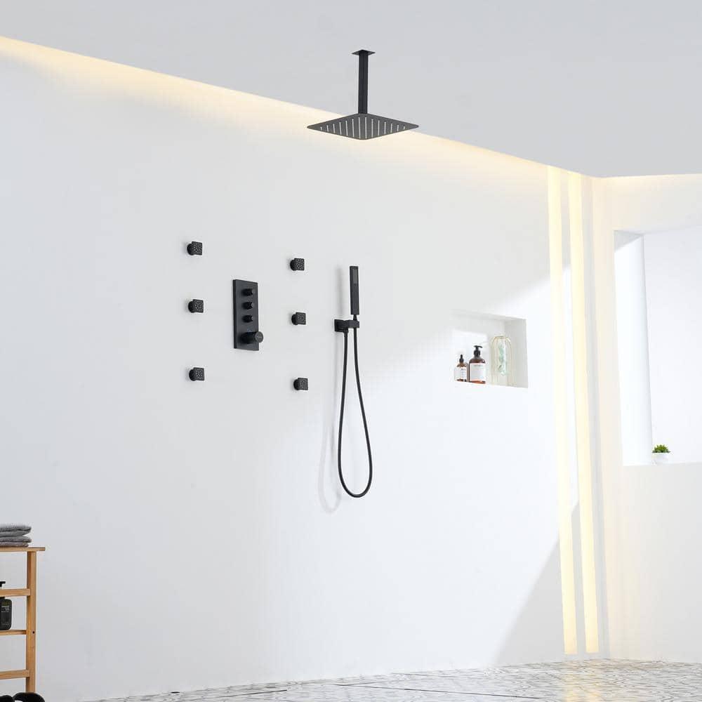 3 Functions 12 Inch Ceiling Mounted Thermostatic Shower System with 6 Body Jets
