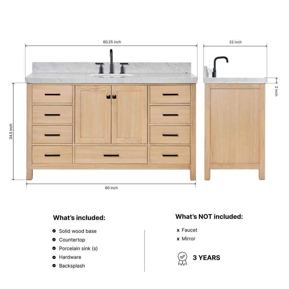 Cambridge 60'' Single Bathroom Vanity with Carrara Marble Top