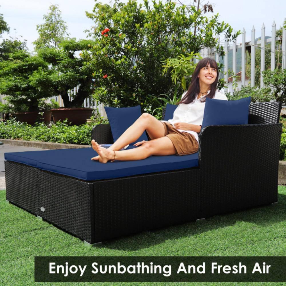 Costway Outdoor Patio Rattan Daybed Pillows Cushioned Sofa Furniture Navy