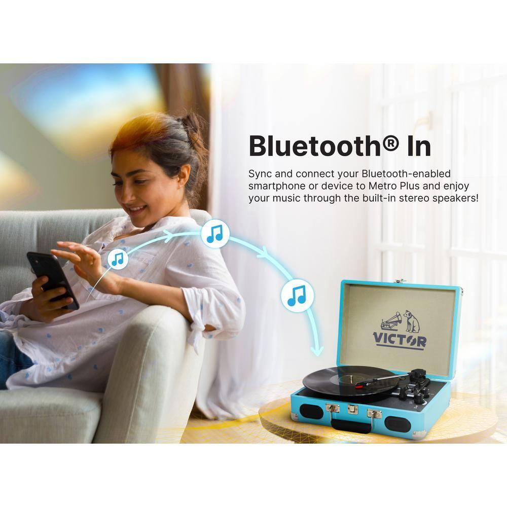 Victor Metro Plus Battery-Powered Bluetooth Suitcase Turntable | 3-Speed Vinyl Record Player with Built-in Stereo Speakers, Rechargeable Battery, RCA Output, Aux Input, and 45 RPM Adaptor, VSRP-850B