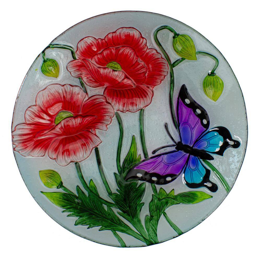Northlight Seasonal 21" Butterfly and Carnations Hand Painted Glass Outdoor Birdbath