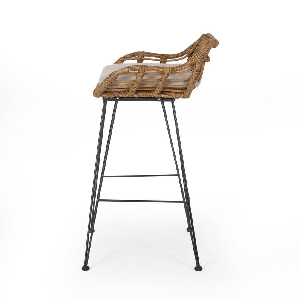Baylor Outdoor Wicker Barstools with Cushions, Set of 2, Light Brown and Beige