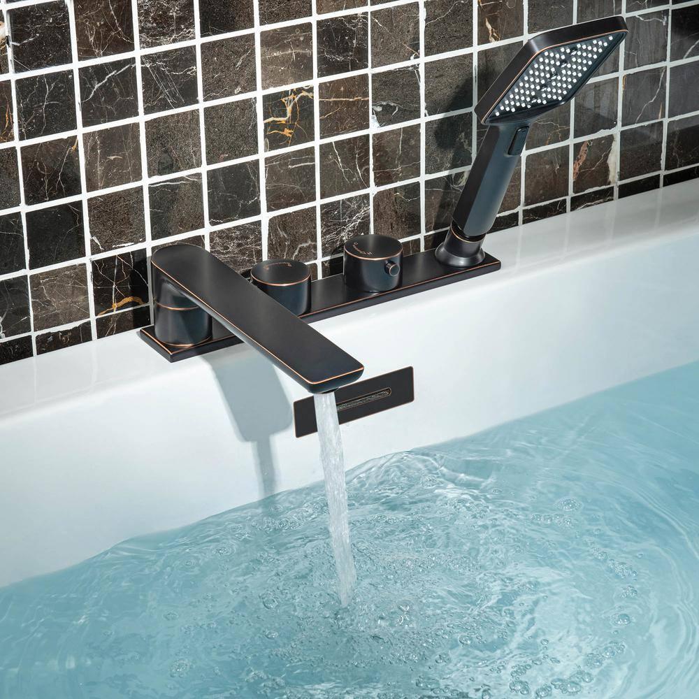 Widespread Deck Mount Roman Tub Faucet With Hand Shower, Two-Handle 4-Holes Bathtub Shower Faucet Set