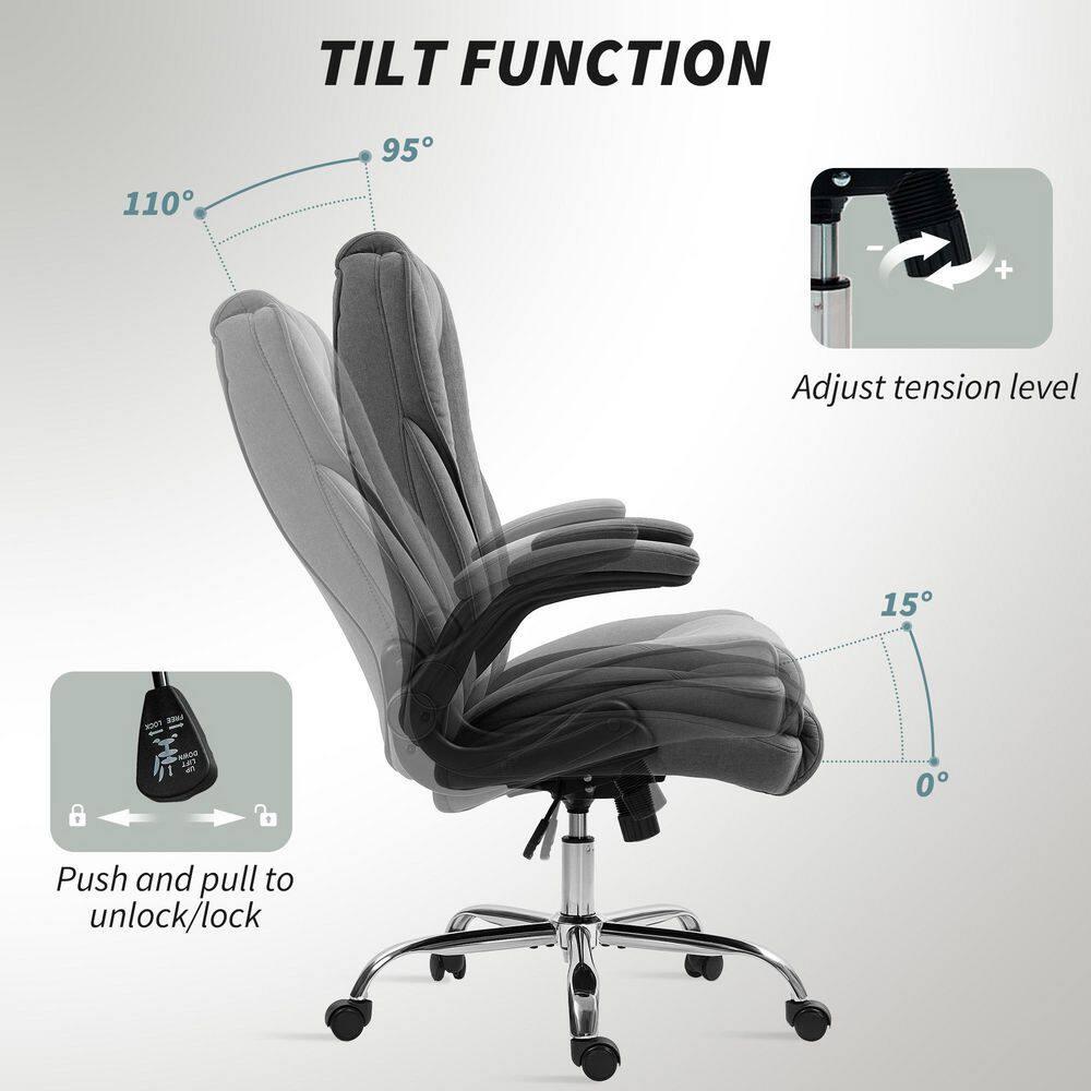 HOMCOM Executive Office Chair, Fabric Comfy Computer Desk Chair with Swivel Wheels, Flip-up Armrest, Adjustable Height, Charcoal Gray