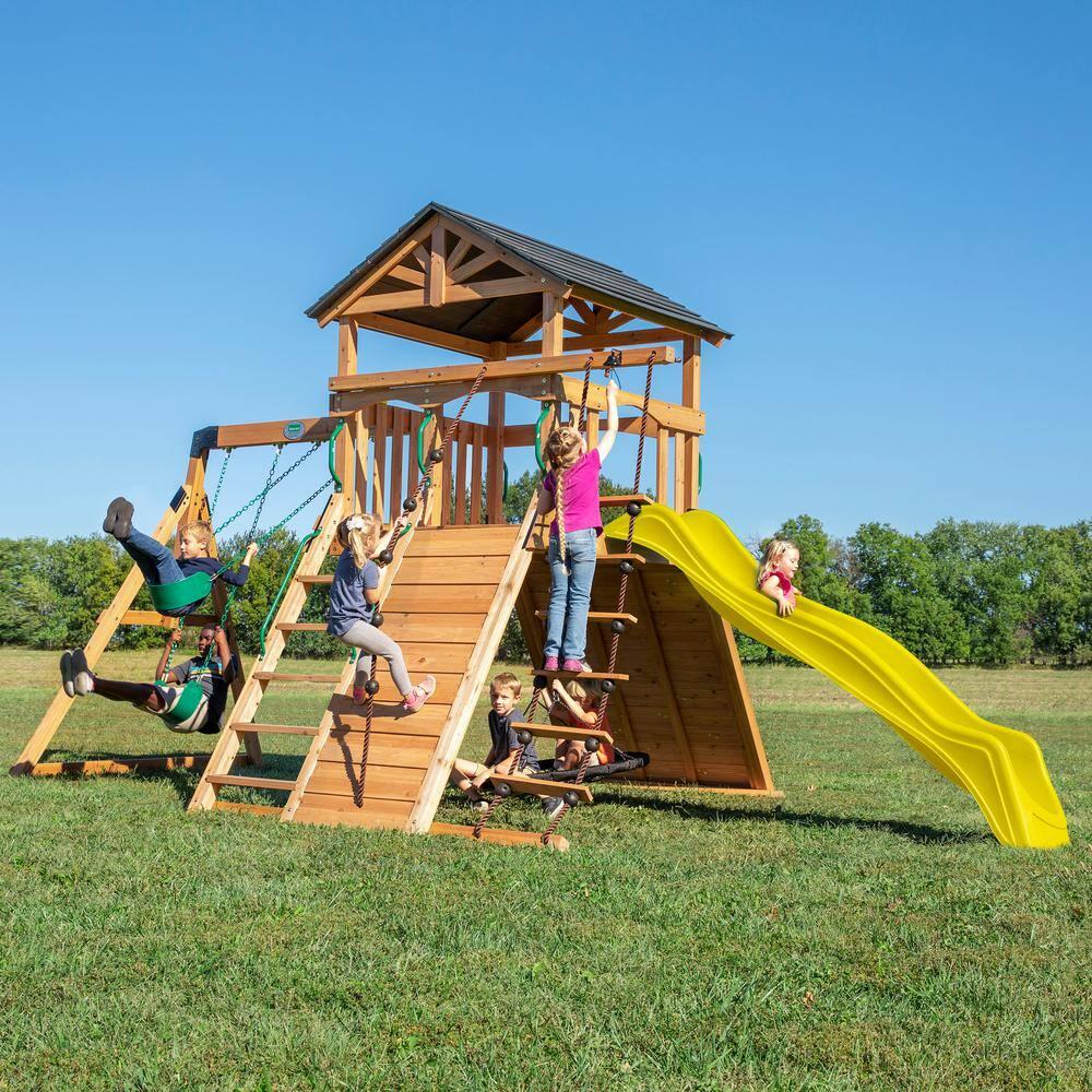 Backyard Discovery Endeavor Cedar Wood Swing Set, Slide, Play Deck, Rock Wall, Rope Ladder
