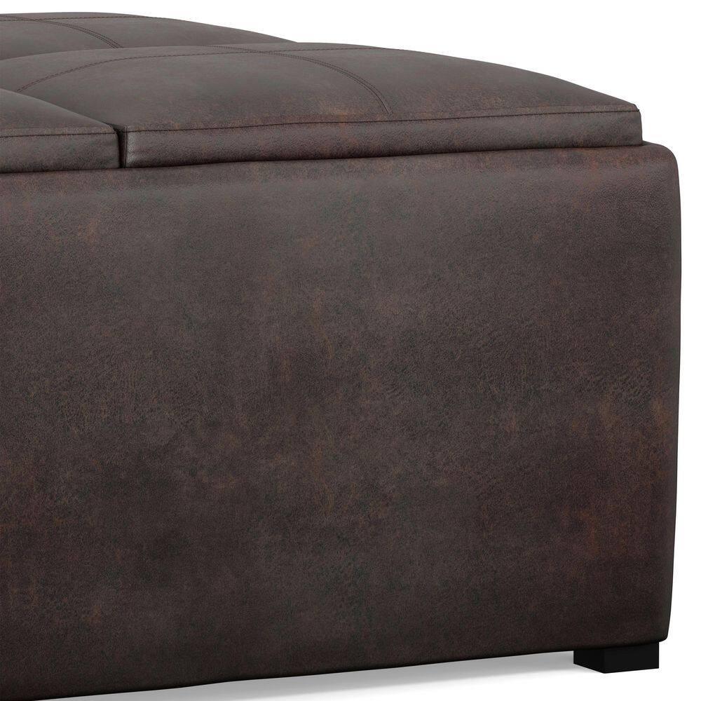 Simpli Home Avalon 35"W Upholstered Square Coffee Table Storage Ottoman with Flip-Over Trays