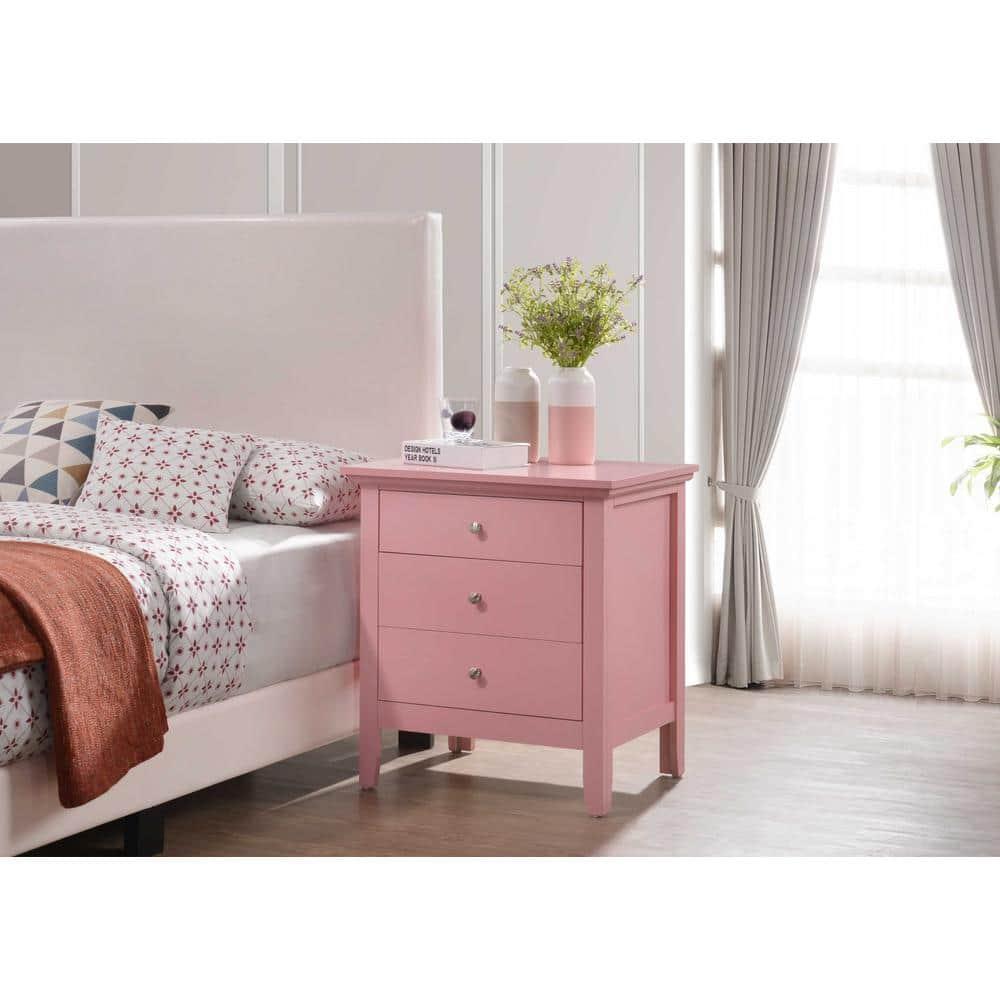 Passion Furniture Hammond 3-Drawer Pink Nightstand (26 in. H x 24 in. W x 18 in. D)
