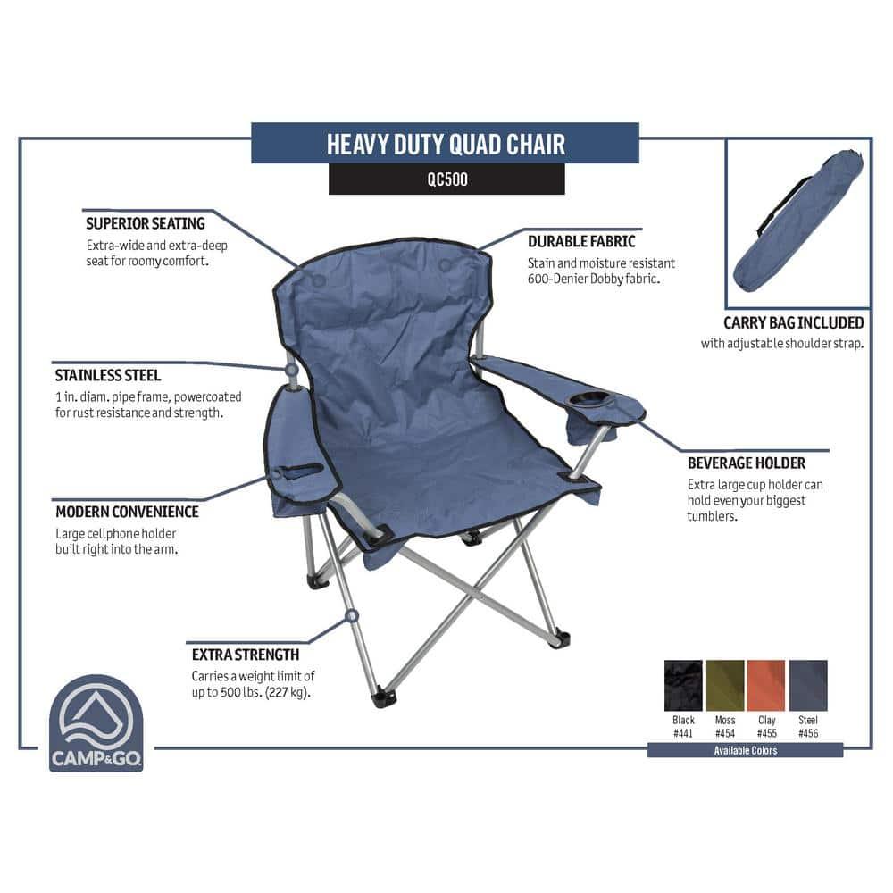 Rio Brands Camp & Go Heavy-Duty Folding Quad Outdoor Camping Chair, Portable Folding Camp Chair with Wide Seat, Cup Holders, and Carry Bag