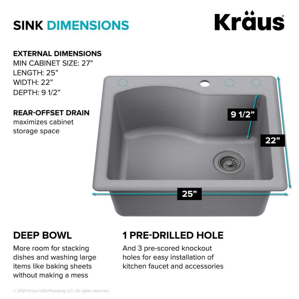 KRAUS Quarza™ 25" L Dual Mount Single Bowl Granite Kitchen Sink