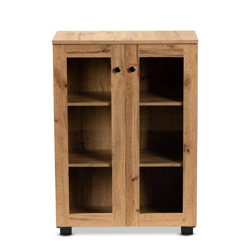 Mason Wood 2 Door Storage Cabinet with Glass Doors Oak Brown/Black - Baxton Studio: Contemporary Design, 3 Fixed Shelves