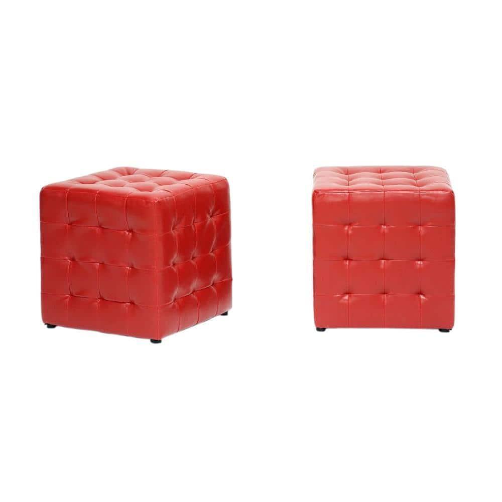 Set of 2 Siskal Modern Cube Ottoman Red - Baxton Studio: Faux Leather, No Assembly, Wood Frame