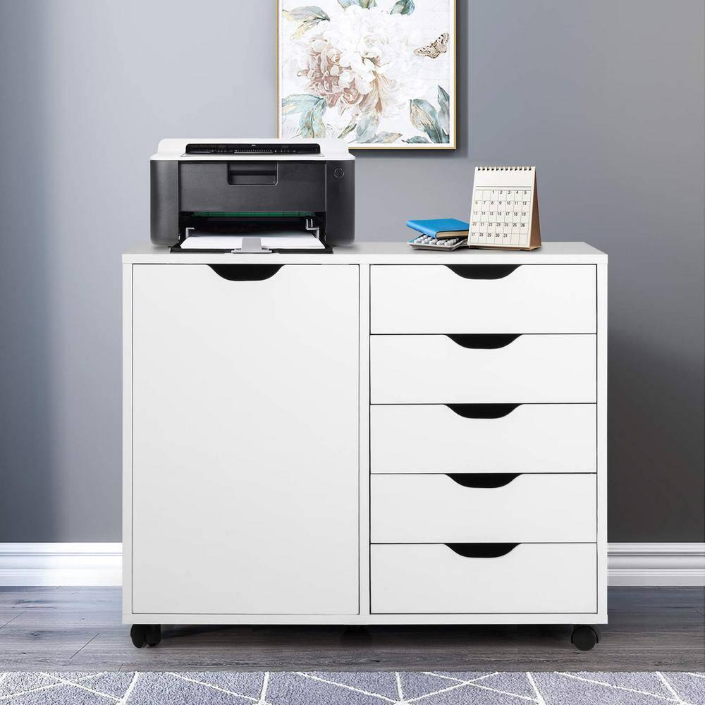 5-Drawer Chest with 1 Door, Wooden Chest of Drawers Storage Dresser Cabinet with Wheels, Office Organization and Storage, Bedroom Furniture (White-S)