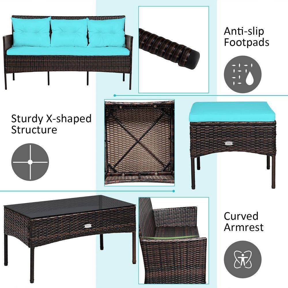 Valita 3-Piece Outdoor PE Rattan Furniture Set Patio Black Wicker Conversation Loveseat Sofa Sectional Couch Turquoise Cushion