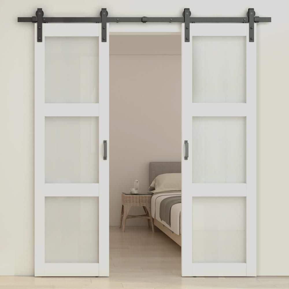 Calhome 3-Lite Tempered Frosted Glass White Finished Composite Double Sliding Barn Door with Hardware Kit Handle