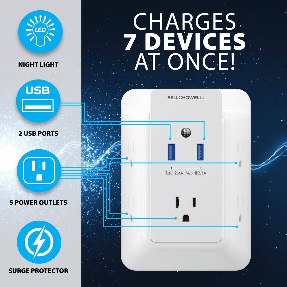 Bell+Howell Surge Protector 5 Outlet Extender with 2 USB Charging Ports Wall Power Wall Charger Plug