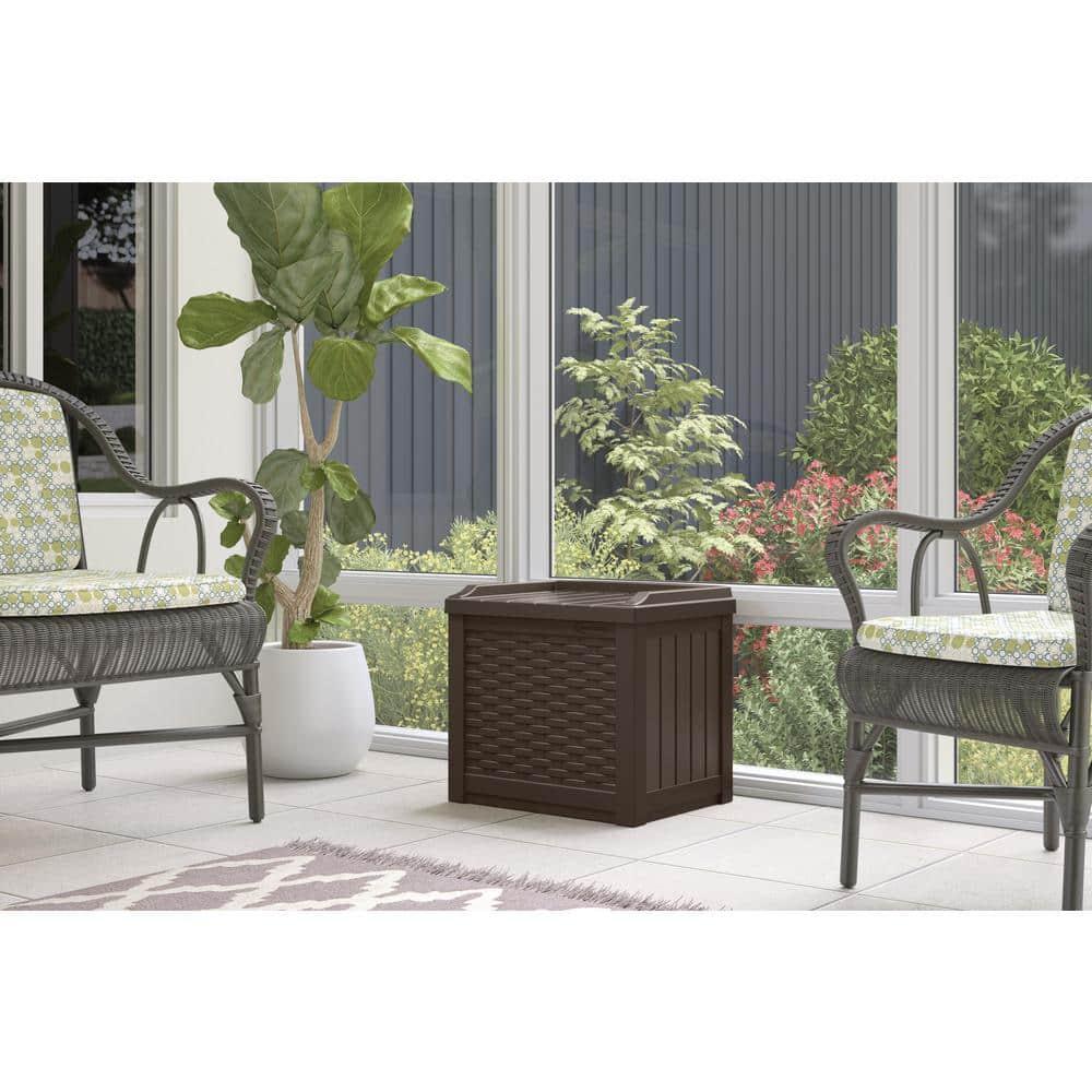 Suncast Suncast Wicker 22 Gallon Water Resistant Resin Deck Box with Storage Seat in Java