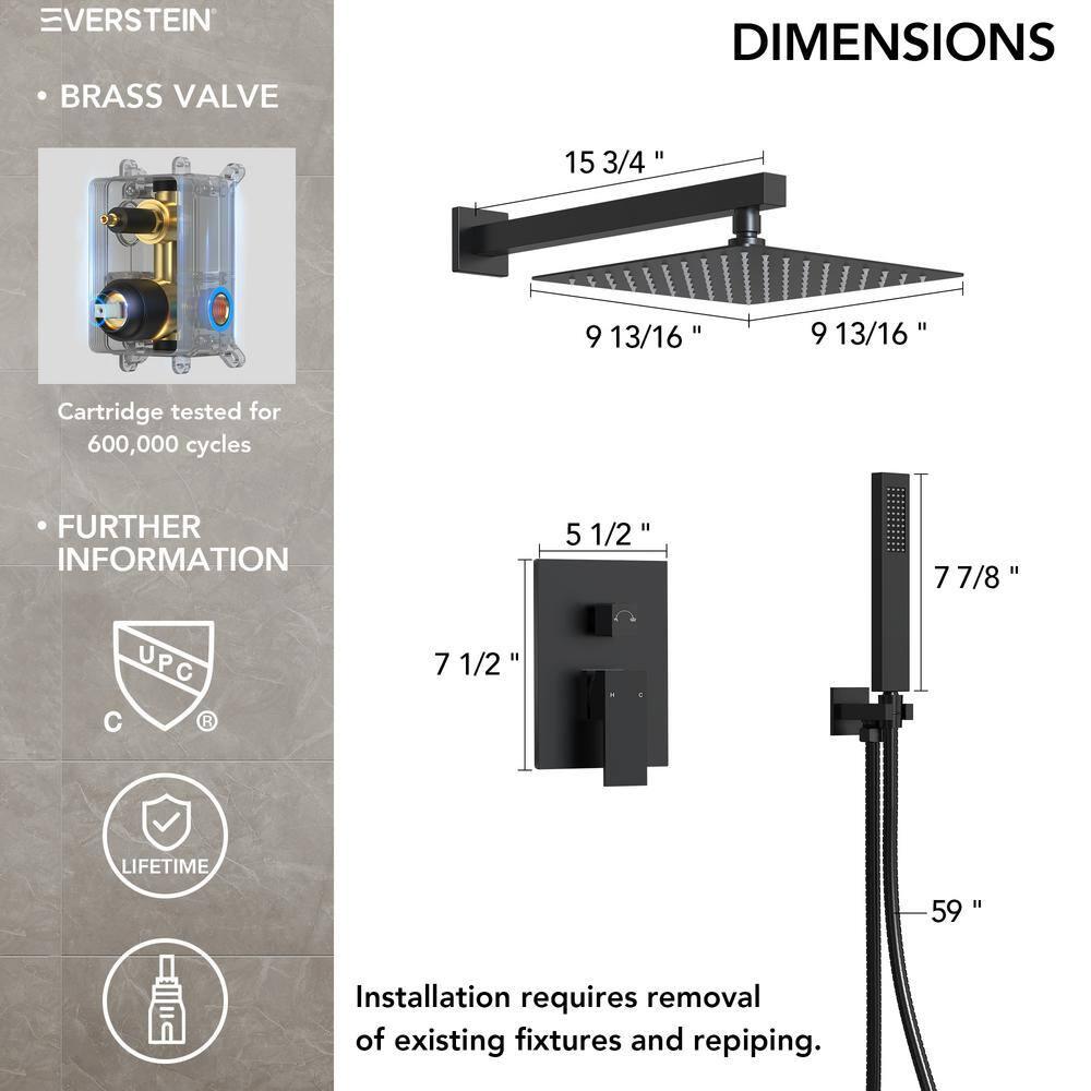 EVERSTEIN Shower Faucet Set 10 inch CUPC Shower System with Handheld Spray Wall Mounted Rain Shower Head Trim Kit with Upgraded Valve, Matte Black