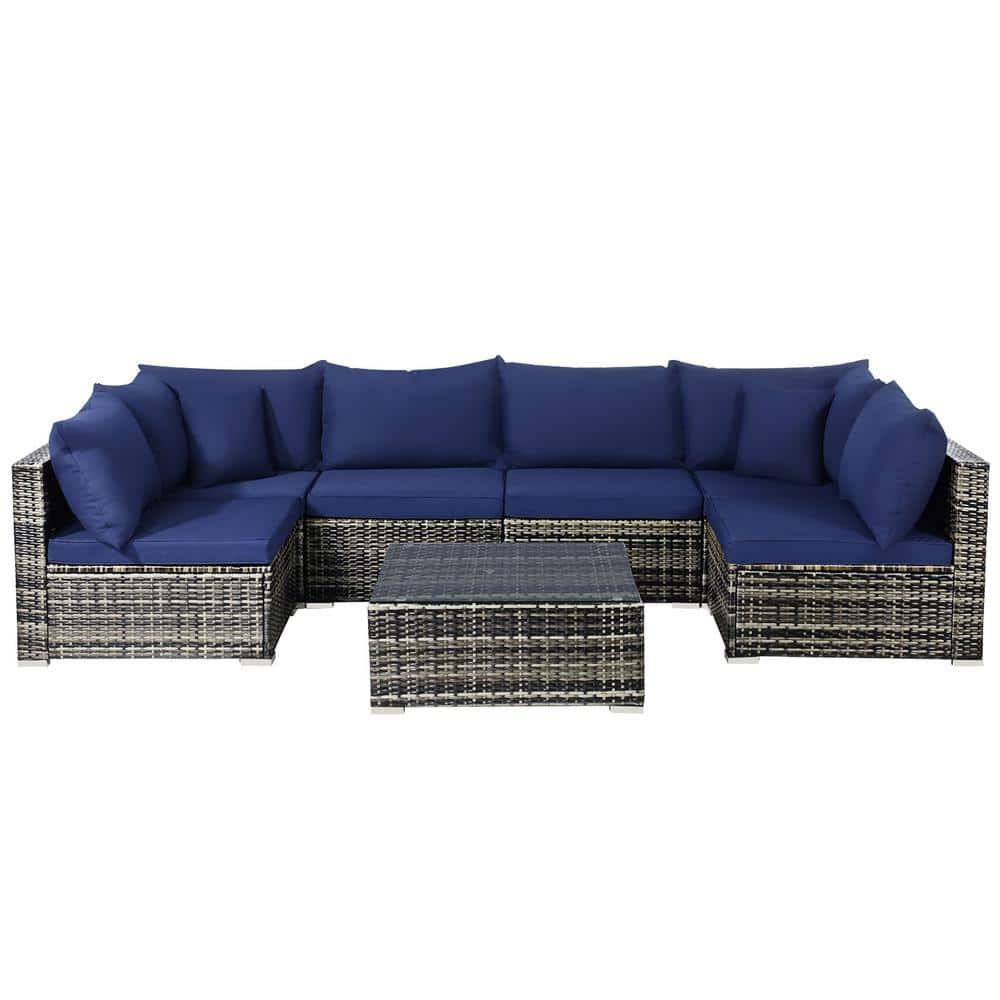 Costway 7PCS Patio Rattan Furniture Set Sectional Sofa Cushioned Garden Navy