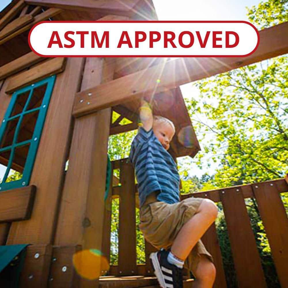 Swing-N-Slide Knightsbridge Wooden Backyard Swing Set with Alpine Wave Slide, Glider Swing, and Rock Climbing Wall