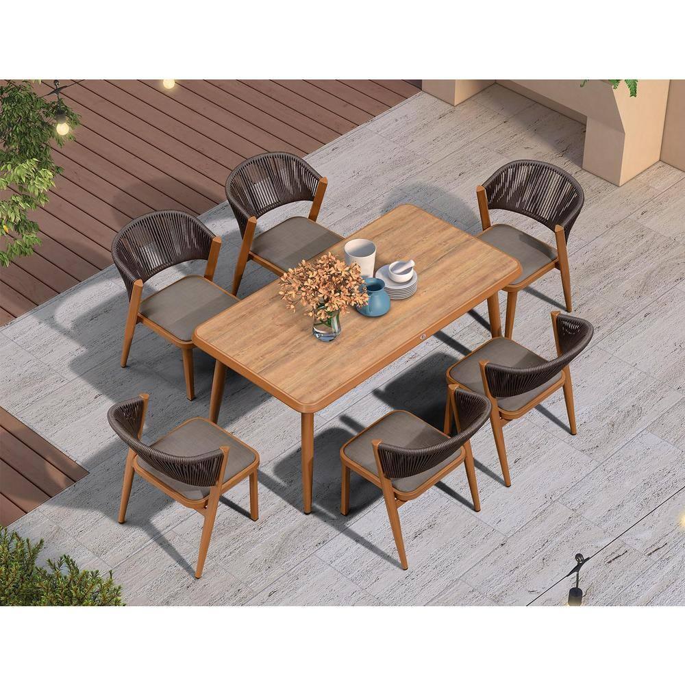 7-Piece Aluminum Wicker Dining Table and Chairs Patio Outdoor Dining Set Teak Patio Furniture Set with Cushions, Brown
