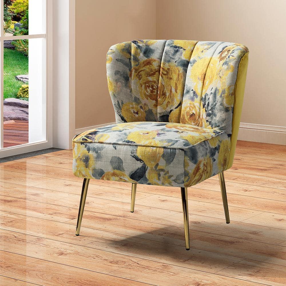 Contemporary Upholstery Accent Chair Metal Base Tufted Back Elegant Pattern seat Home Living Room Bedroom Yellow