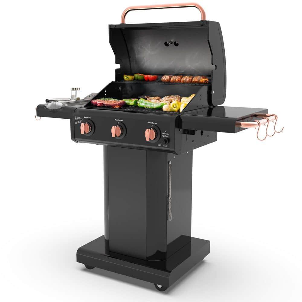Kenmore 3-Burner Propane Gas Grill with Foldable Side Tables for Outdoor BBQ