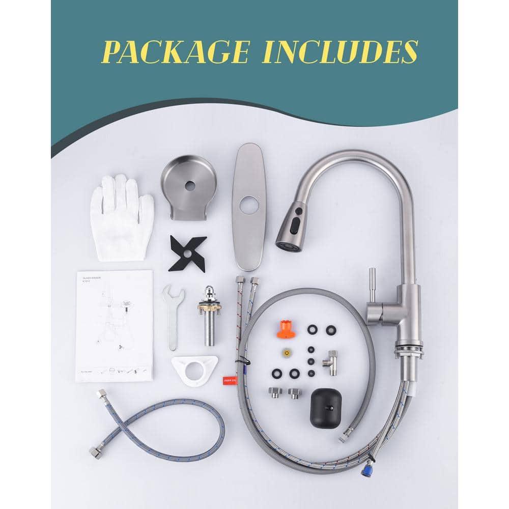 WOWOW Kitchen Faucet with Sprayer, Kitchen Sink Faucet, SUS 304 Stainless Steel, High Arc Single Handle Brushed Nickel Kitchen Faucets with Pull Down Sprayer, Pull Out Kitchen Faucet with Deck Plate