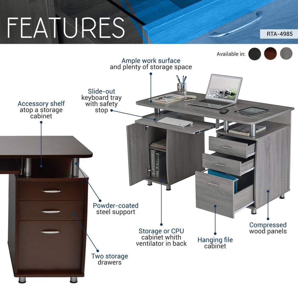 Complete Workstation Computer Desk with Storage Espresso- Techni Mobili: MDF Office Furniture, Keyboard Tray
