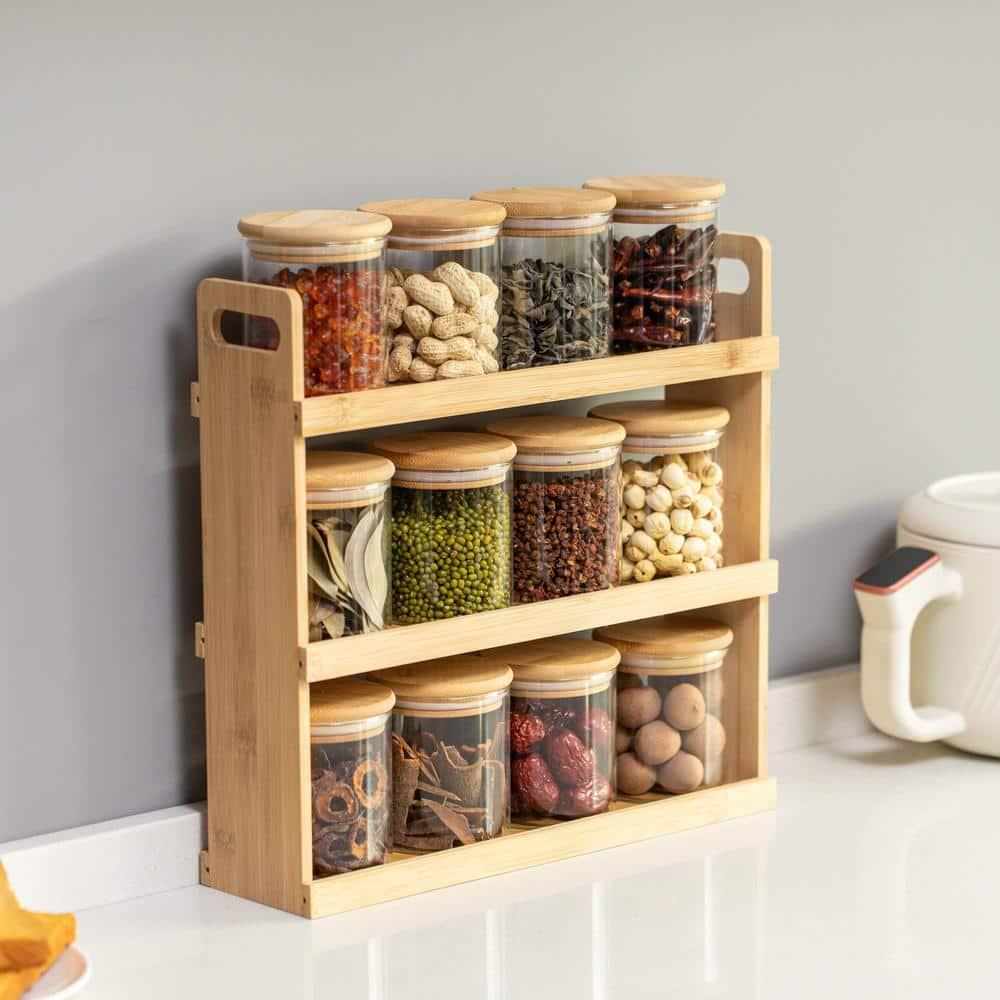Basicwise 3-Tier Bamboo Spice Rack & Pantry Organizer with 12 Glass Jars.Perfect for Storage in Kitchens to Keep Seasoning Containers Neatly Displayed