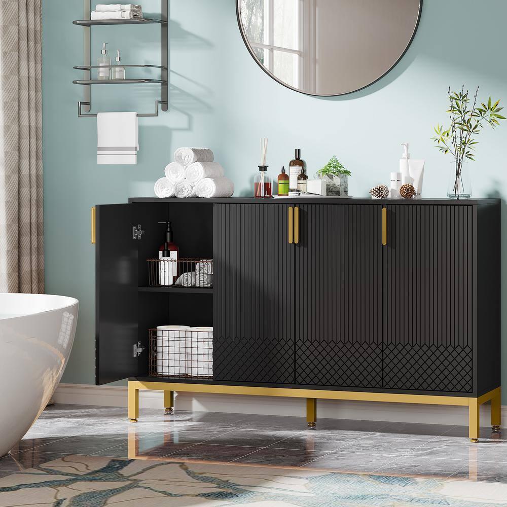 Finmind 59" Buffet Cabinet, 4-Door Storage Sideboard, Black & Gold Coffee Bar Cabinet for Dining Room or Living Room