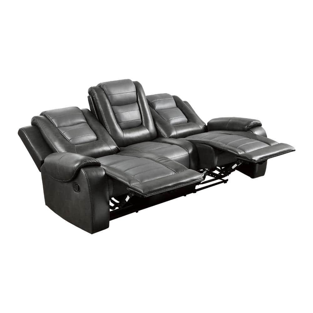 Istro 86 Inch Dual Manual Recliner Sofa, Drop Table, Gray Faux Leather