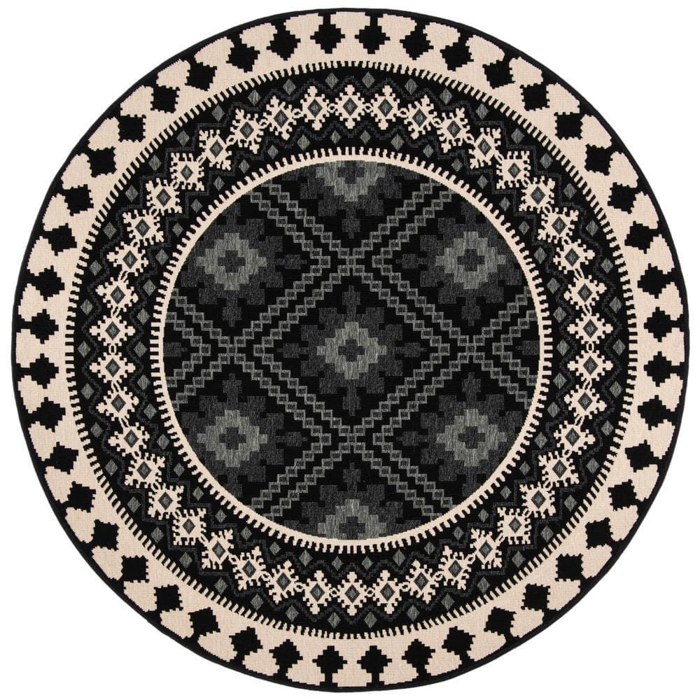 Veranda VER099 Power Loomed Indoor/Outdoor Area Rug - Black/Creme - 3' round - Safavieh.