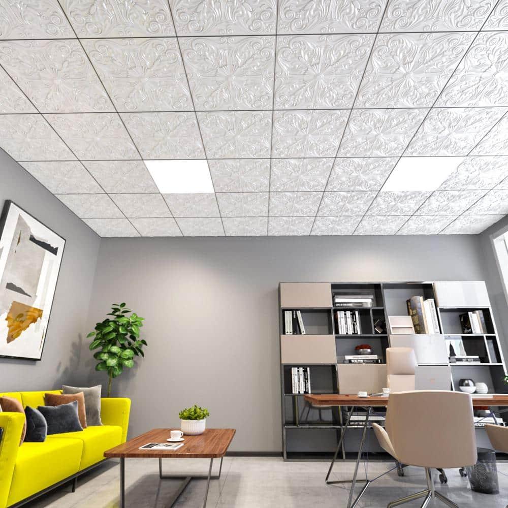 Art3d Art3d Decorative Ceiling Tile 2x2 Glue up, Lay in Ceiling Tile 24x24 Pack of 12pcs Spanish Floral in Matt White