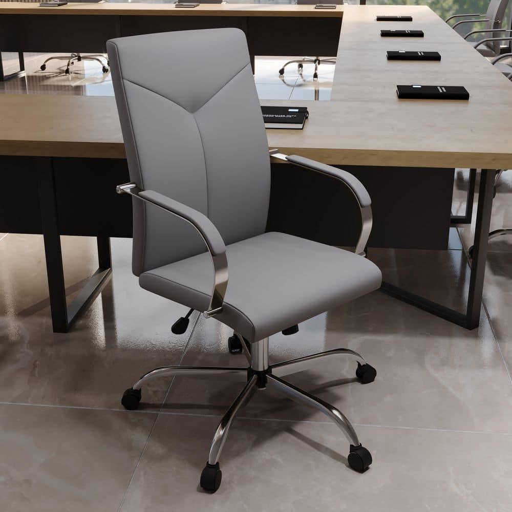 LeisureMod Sonora High-Back Leather Office Chair with Adjustable Height, Swivel, and Tilt in Grey