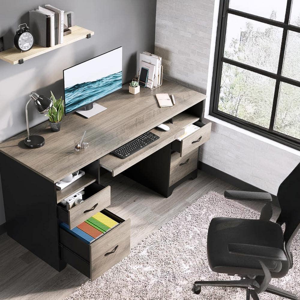 Bestier 59” Computer Desk with 4 Drawers, Office Executive Desk with File Drawer, Keyboard Tray for Home Office, Gray