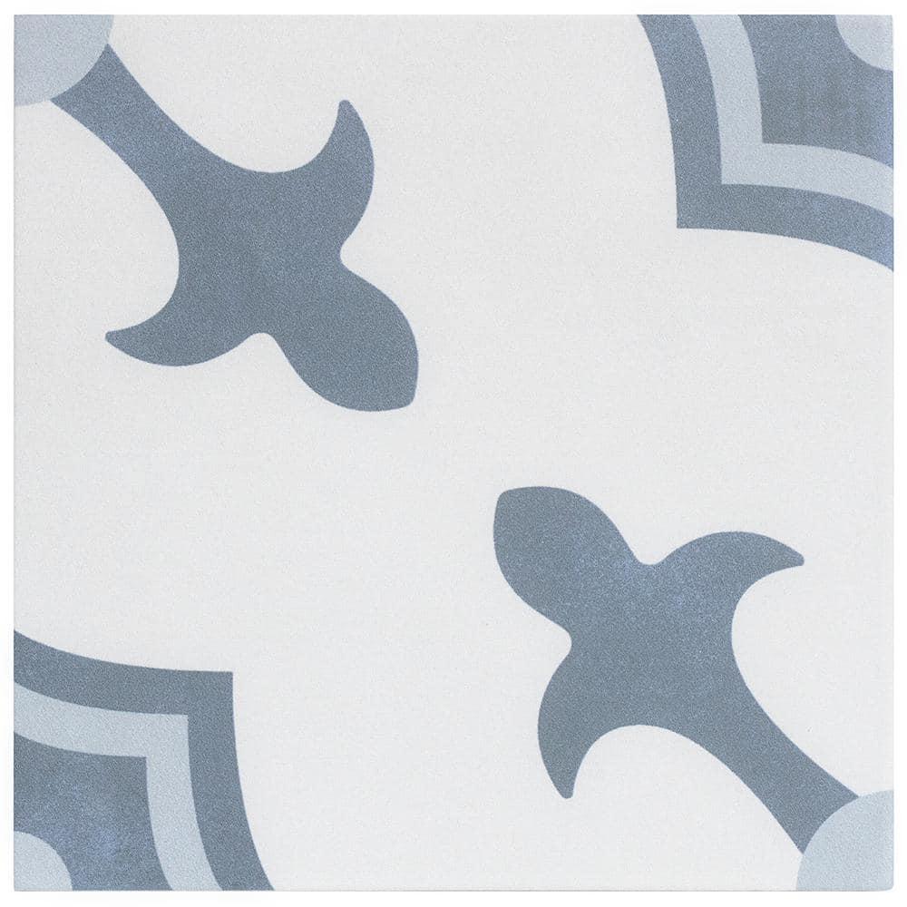 Plumeria Blue and White Square 9 in. x 9 in. Matte Porcelain Floor and Wall Tile (10.65 sq. ft./ Case)