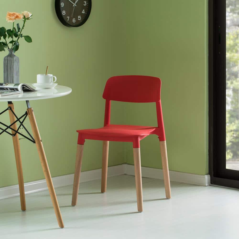 Fabulaxe Plastic Dining Chair Open Back with Beech Wood Legs, Red