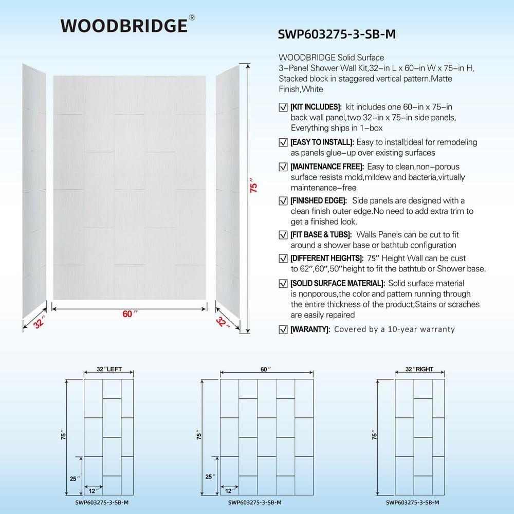 WoodBridge 75/96" H Solid Surface Shower & Tub Wall Panel, Surround, Quick Install, Cuttable, 0.138" thick
