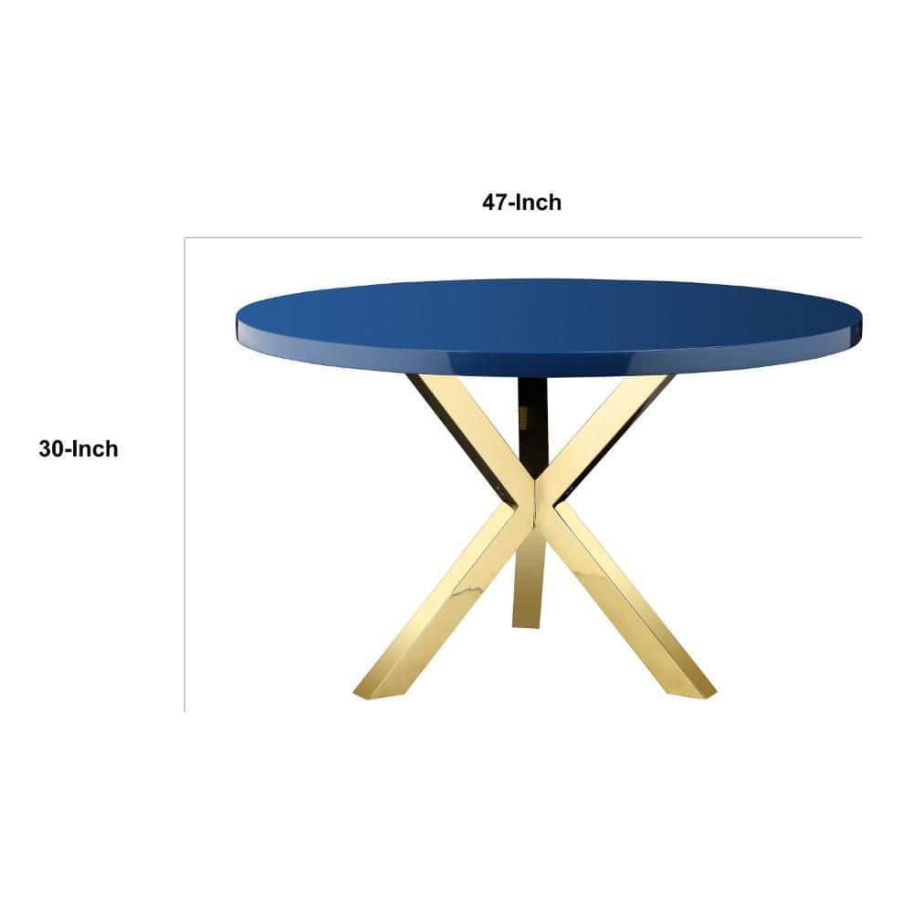 Benjara Emi 47 Inch Dining Table, Round White Lacquer Top, X Twisted Gold Legs