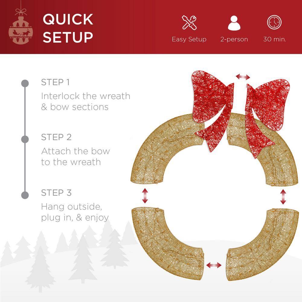 Best Choice Products 48in Pre-Lit Outdoor Christmas Wreath, LED Metal Holiday Decor w/ 140 Lights, Bow - Gold/Red